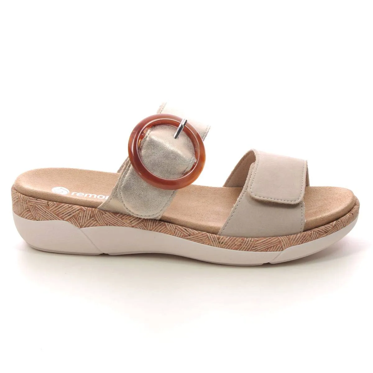 Remonte Leather Light Gold Double Strap Velcro Cork Trim Comfort Open Toe Slip On Mule