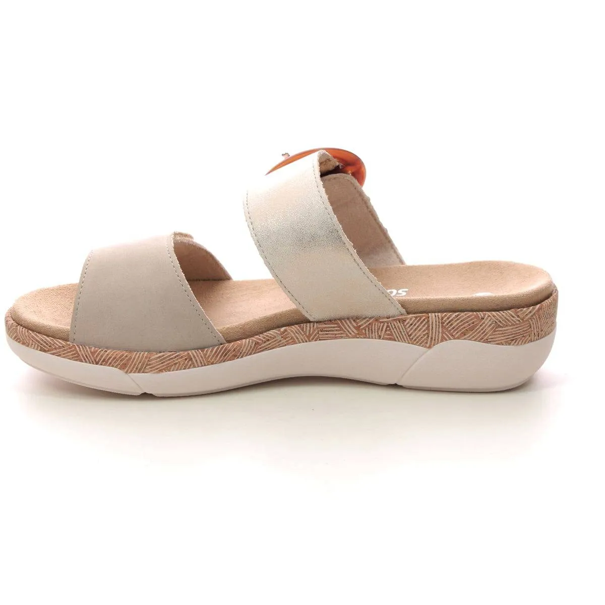 Remonte Leather Light Gold Double Strap Velcro Cork Trim Comfort Open Toe Slip On Mule