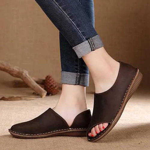 SOCOFY Leather Hollow Out Breathable Peep Toe Soft Flat Shoes