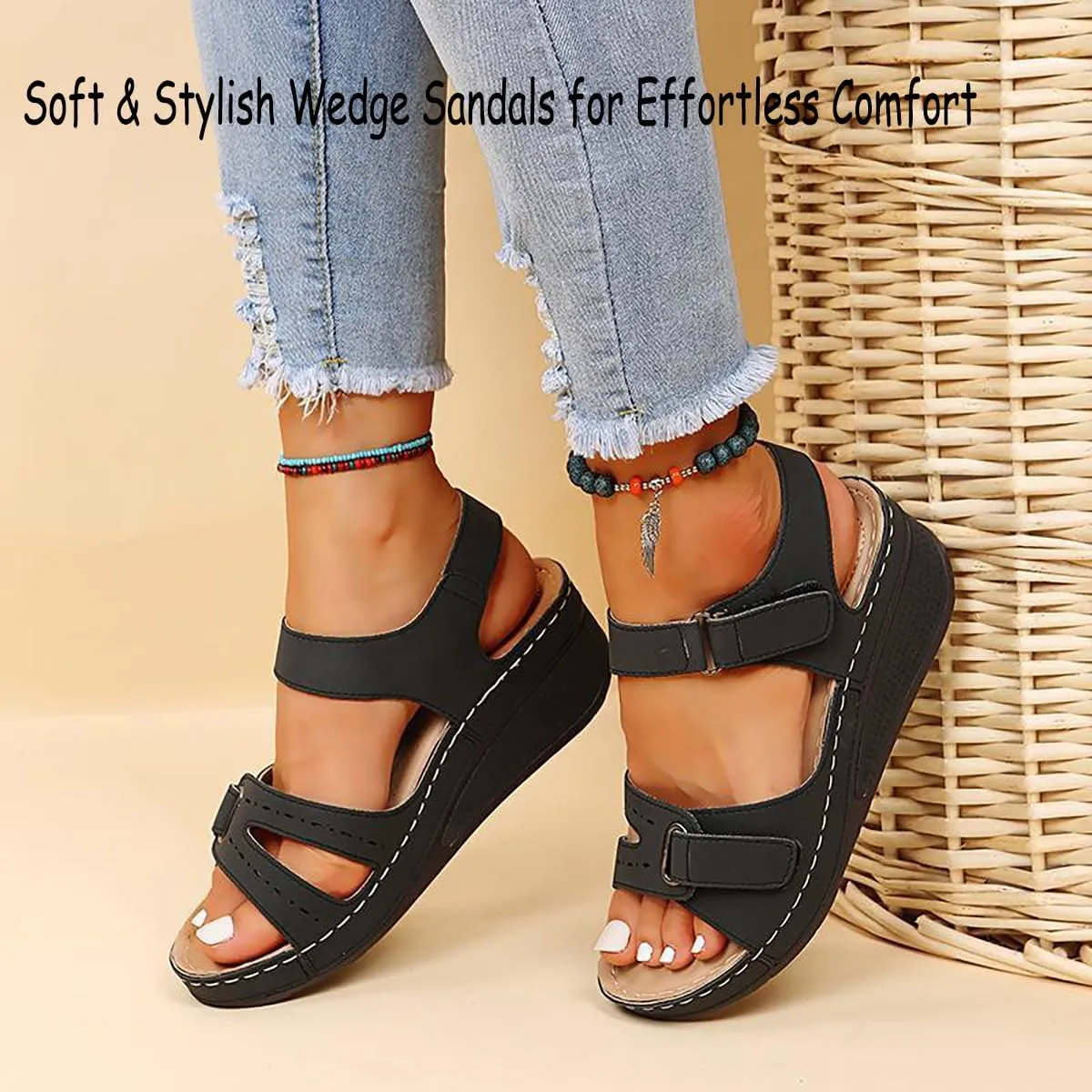 Soft & Stylish Wedge Sandals, Women Leather Orthopedic Walking Platform Sandals Back Strap Summer Slides Arch Support