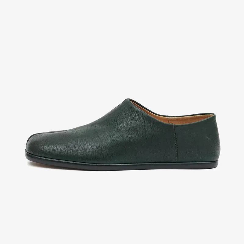 Split-Toe Dark Green Leather Loafers