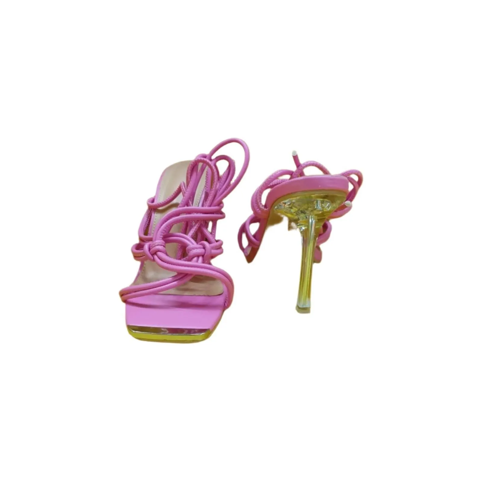 Square Toe Loop Cross Over Strappy High Heeled Mules.