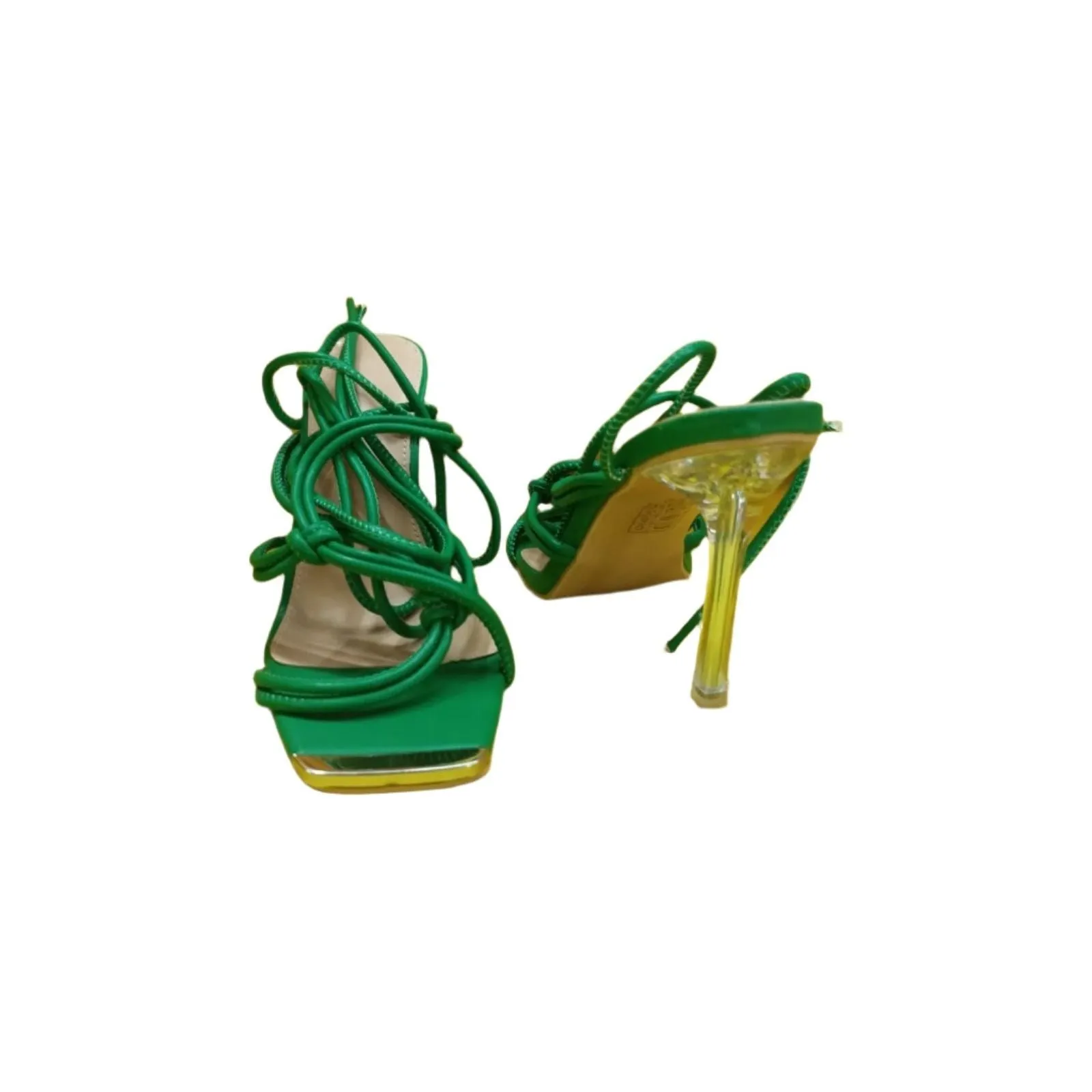 Square Toe Loop Cross Over Strappy High Heeled Mules.