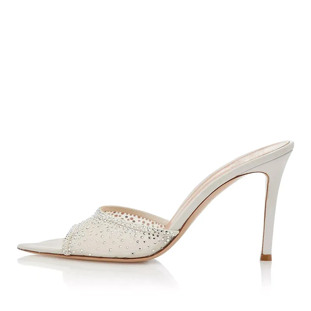 Trend4us Elegant Rhinestone Mesh Heeled Mules