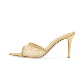 Trend4us Elegant Rhinestone Mesh Heeled Mules