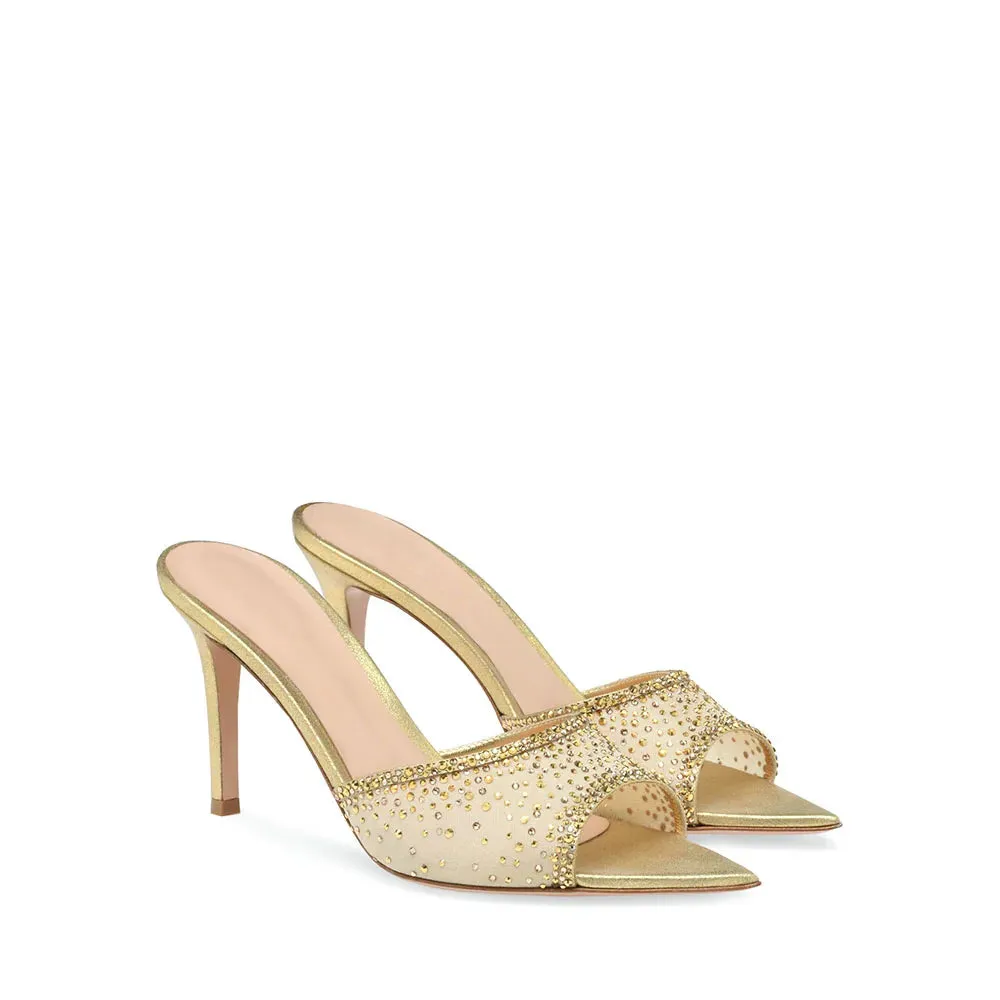 Trend4us Elegant Rhinestone Mesh Heeled Mules
