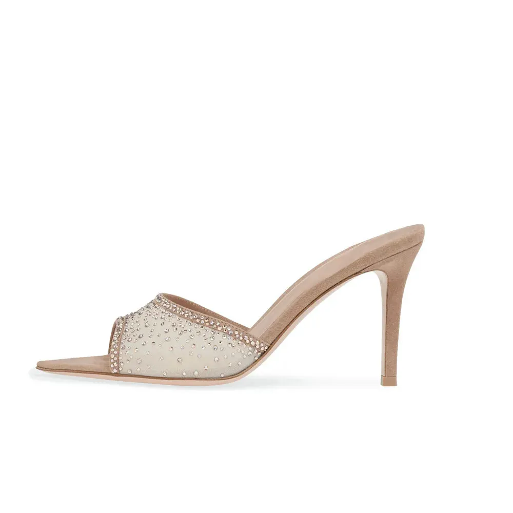 Trend4us Elegant Rhinestone Mesh Heeled Mules