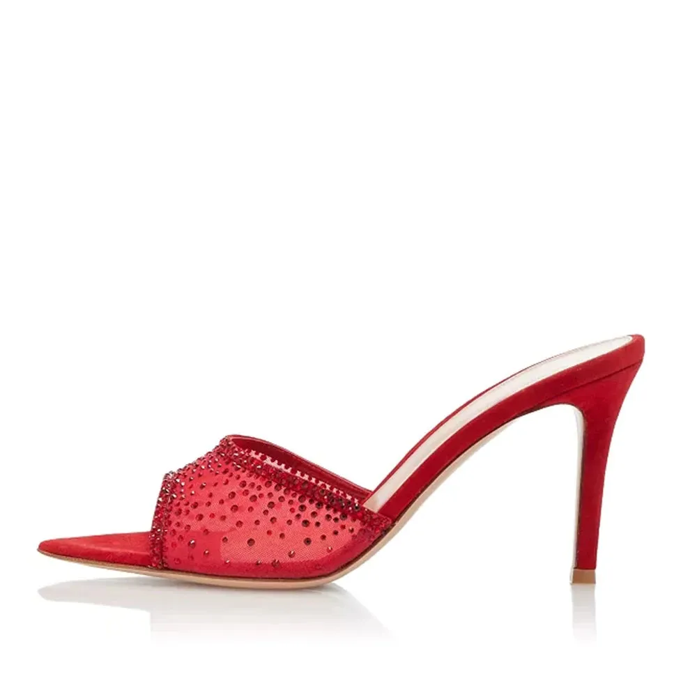 Trend4us Elegant Rhinestone Mesh Heeled Mules