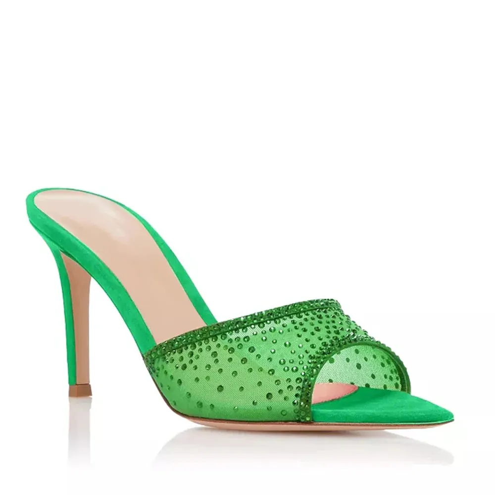 Trend4us Elegant Rhinestone Mesh Heeled Mules