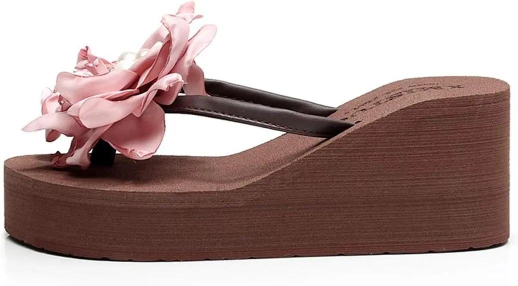 VOKLIN Women's Wedge High Heel Flower Flipflops Fashion Bohemian Summer Platform Nonslip Beach Thong Sandals