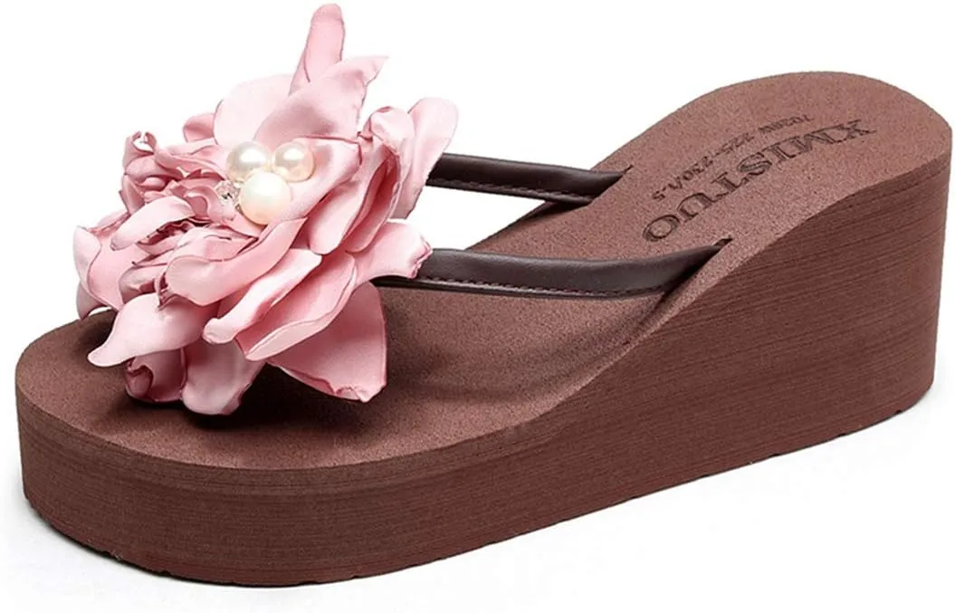 VOKLIN Women's Wedge High Heel Flower Flipflops Fashion Bohemian Summer Platform Nonslip Beach Thong Sandals