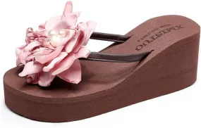 VOKLIN Women's Wedge High Heel Flower Flipflops Fashion Bohemian Summer Platform Nonslip Beach Thong Sandals