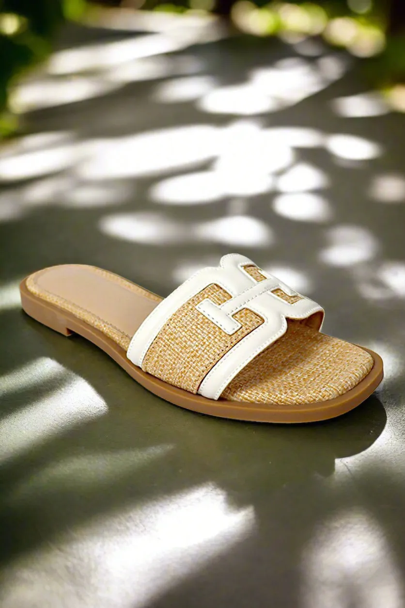 White Raffia Square Toe Sandals