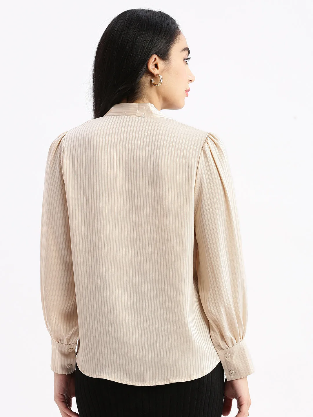 Women Striped Mandarin Collar Cream Shirt
