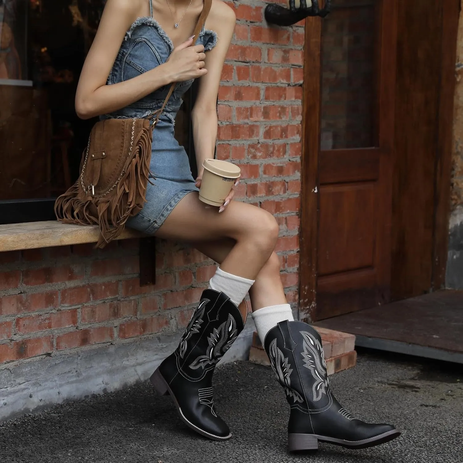 Womens Cowboy Boots Mid Calf Cowgirl Boots with Classic Embroidered Chunky Heel Western Boots