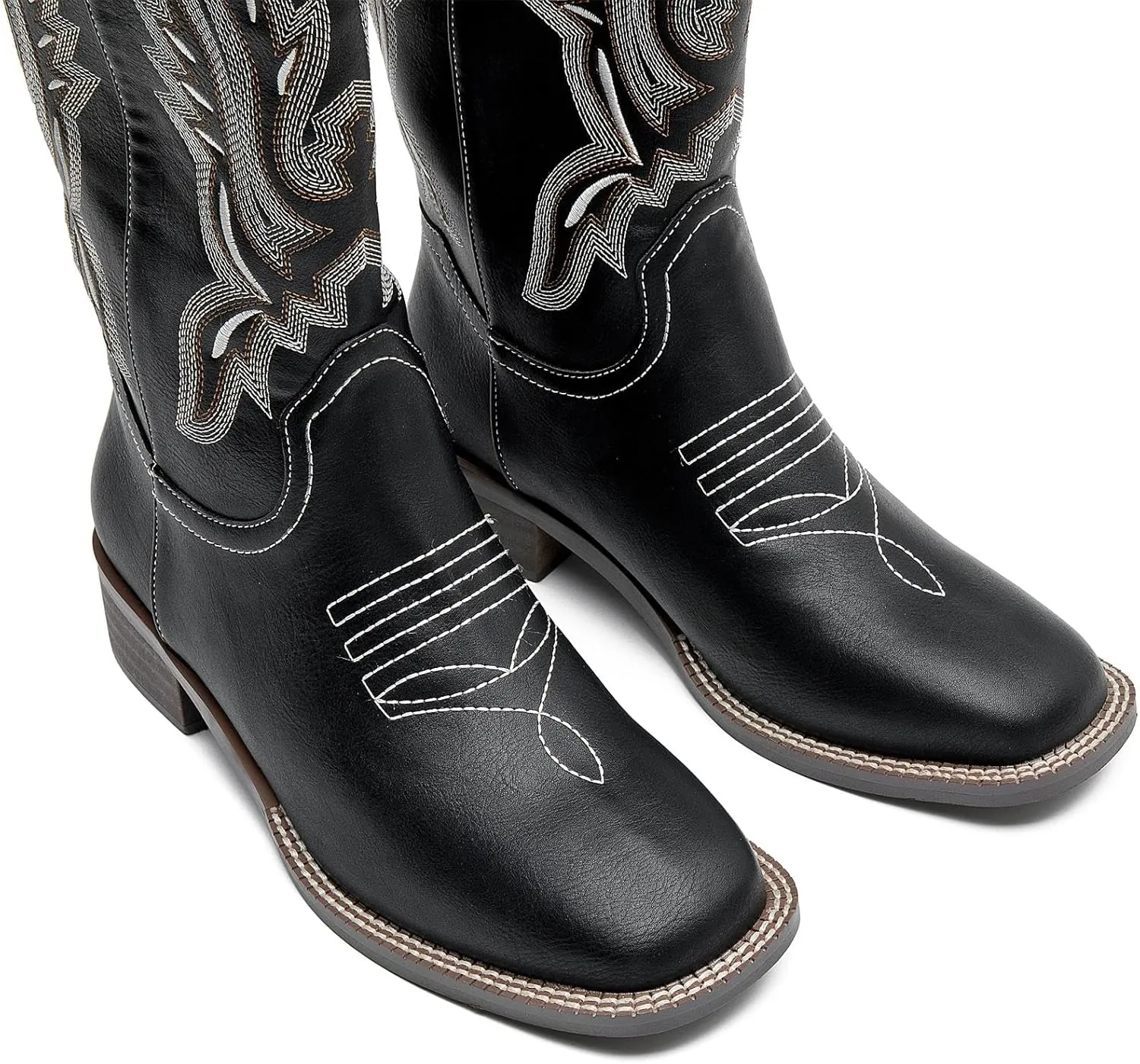 Womens Cowboy Boots Mid Calf Cowgirl Boots with Classic Embroidered Chunky Heel Western Boots