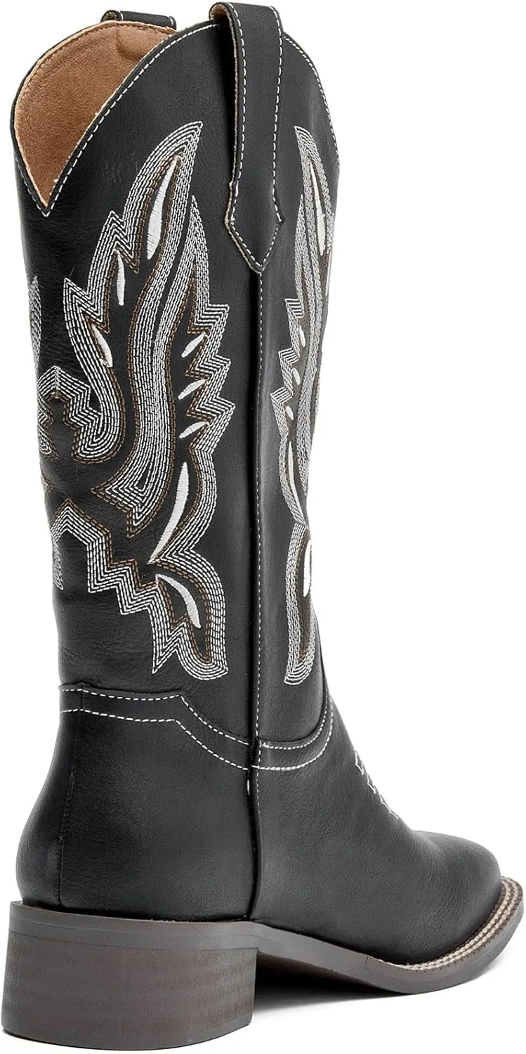 Womens Cowboy Boots Mid Calf Cowgirl Boots with Classic Embroidered Chunky Heel Western Boots