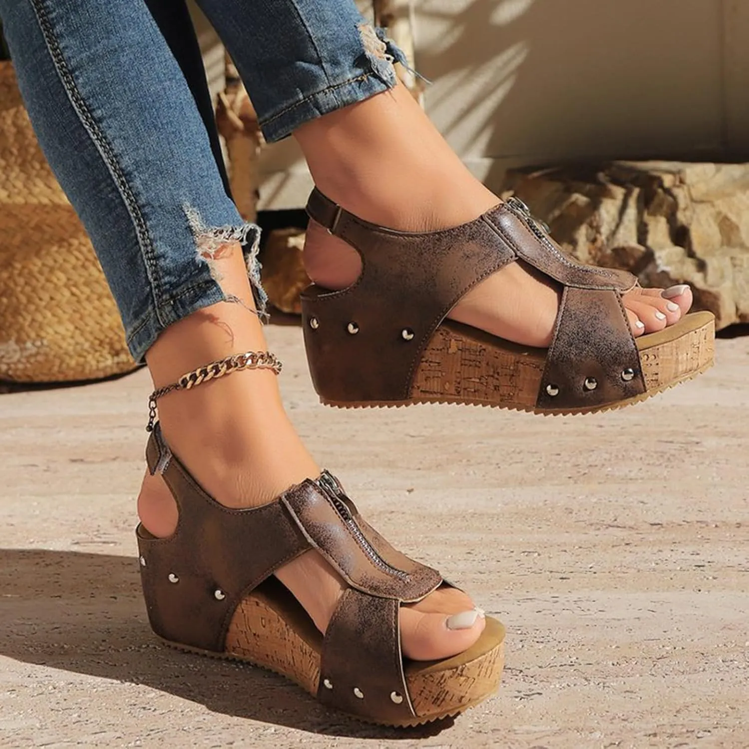 Women's Leather Sandals Cork SandalsOrthopedic Wedge Slides with Arch Support Front Zipper Slip On Wide Width Fish Mouth Beach Slides