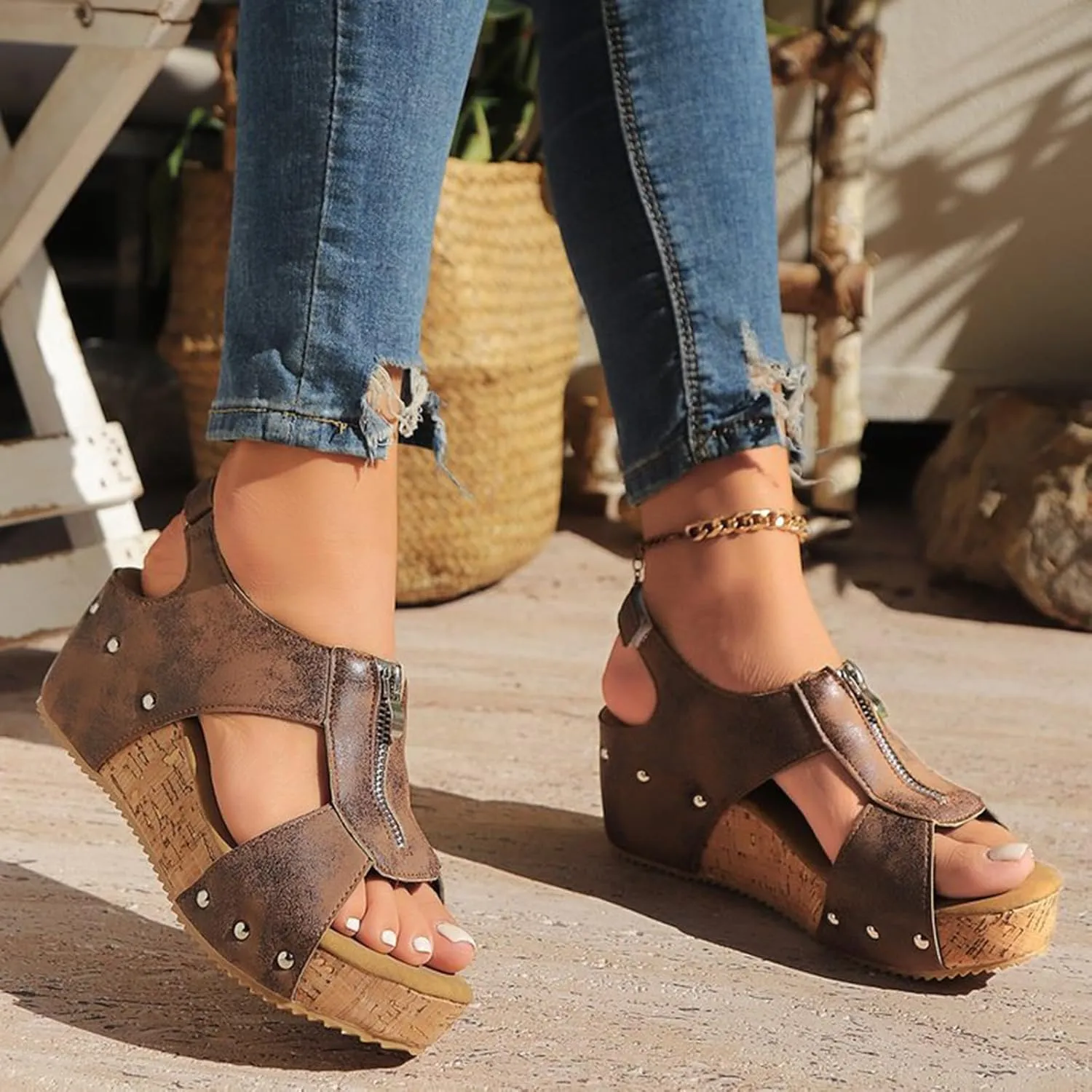 Women's Leather Sandals Cork SandalsOrthopedic Wedge Slides with Arch Support Front Zipper Slip On Wide Width Fish Mouth Beach Slides