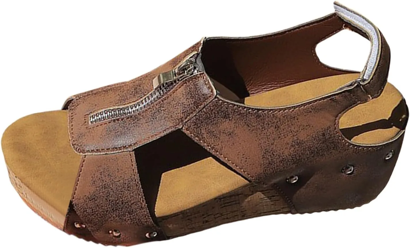 Women's Leather Sandals Cork SandalsOrthopedic Wedge Slides with Arch Support Front Zipper Slip On Wide Width Fish Mouth Beach Slides
