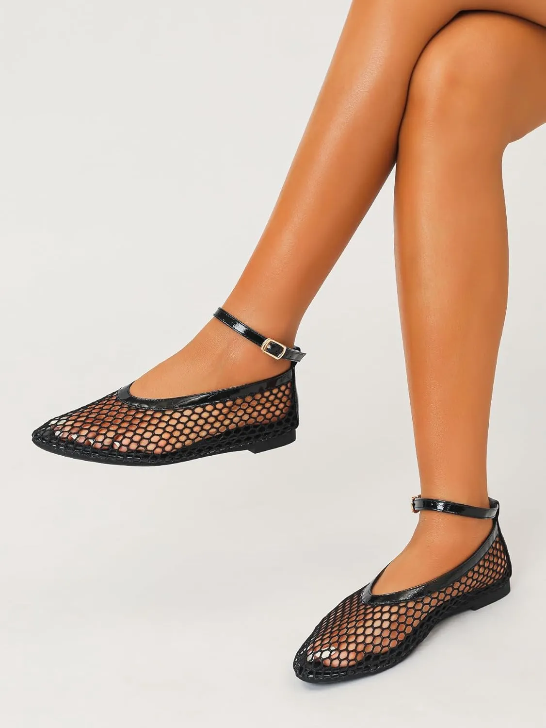 Women's Mesh Ballet Flats Ankle Strap Mary Jane Style Breathable Metal Buckle shoes Summer Casual Daily Dress Fishnet Flats