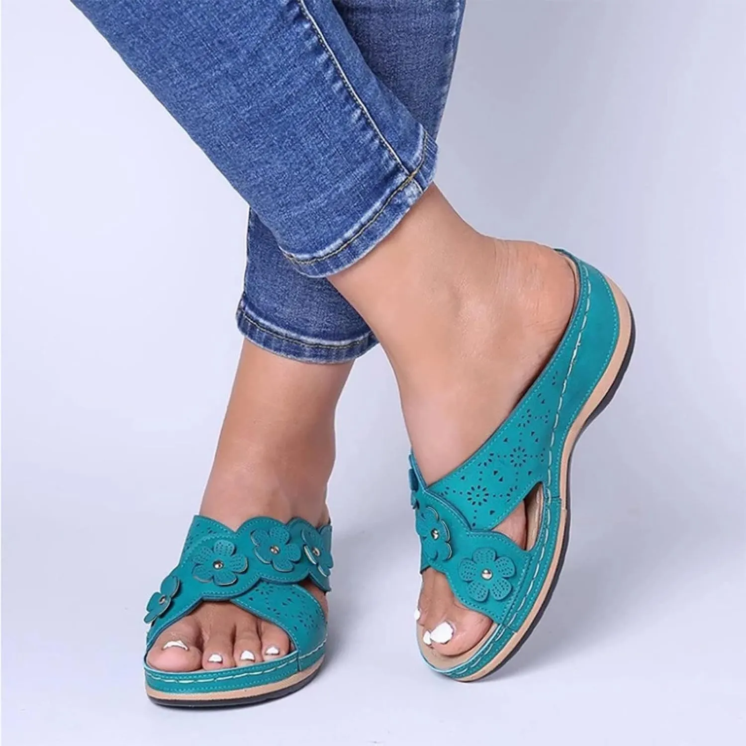 Womens Platform Wedge Flowers Sandals for Women 2025 Comfortable Open Toe Orthopedic Sandals Shock Absorbtion Breathable Holes Arch Support Slippers