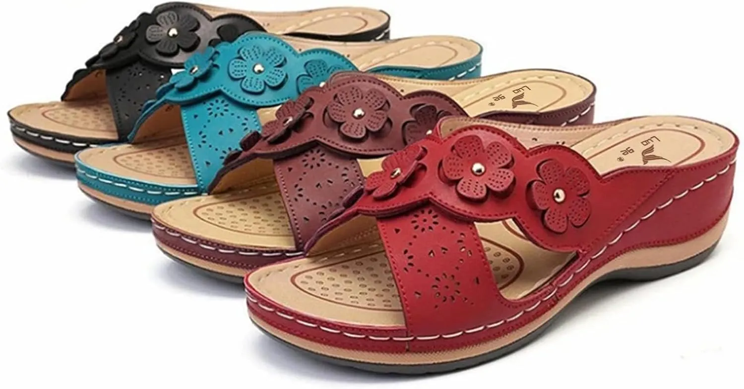 Womens Platform Wedge Flowers Sandals for Women 2025 Comfortable Open Toe Orthopedic Sandals Shock Absorbtion Breathable Holes Arch Support Slippers