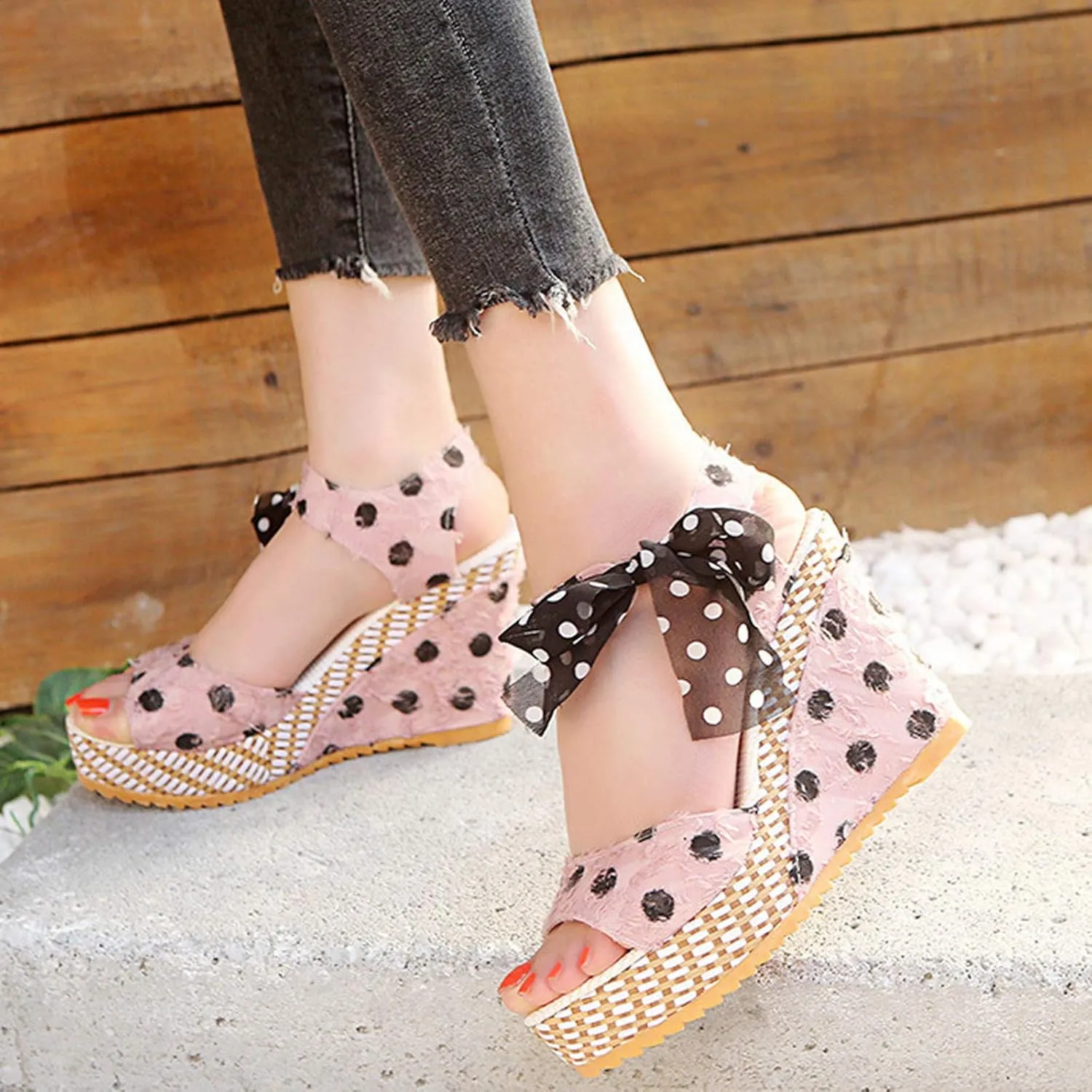 Womens Sandals Dressy Cute Bow Lace-Up Espadrille Sandals For Women Retro Platform Wedges Heels For Women Beach