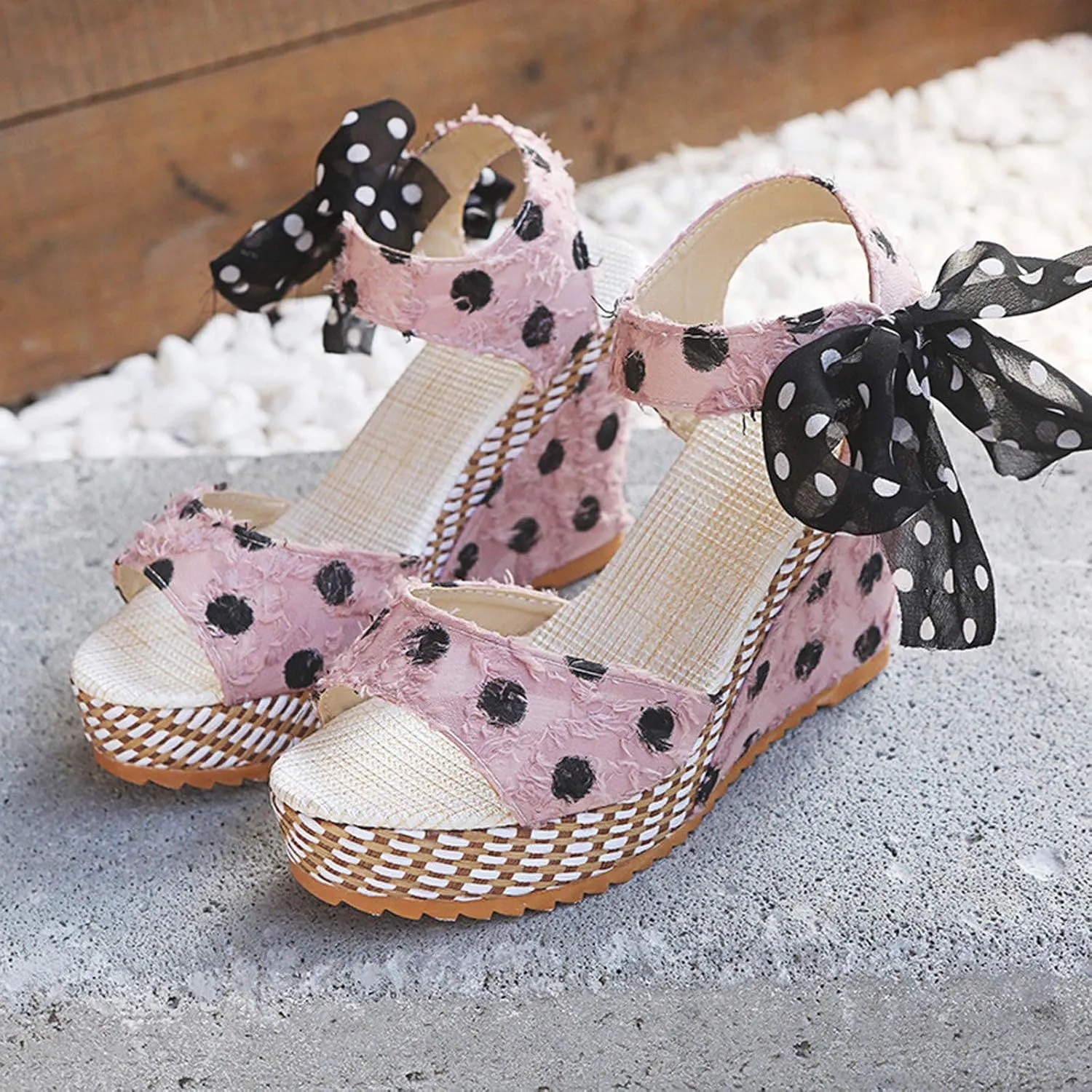 Womens Sandals Dressy Cute Bow Lace-Up Espadrille Sandals For Women Retro Platform Wedges Heels For Women Beach