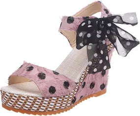 Womens Sandals Dressy Cute Bow Lace-Up Espadrille Sandals For Women Retro Platform Wedges Heels For Women Beach