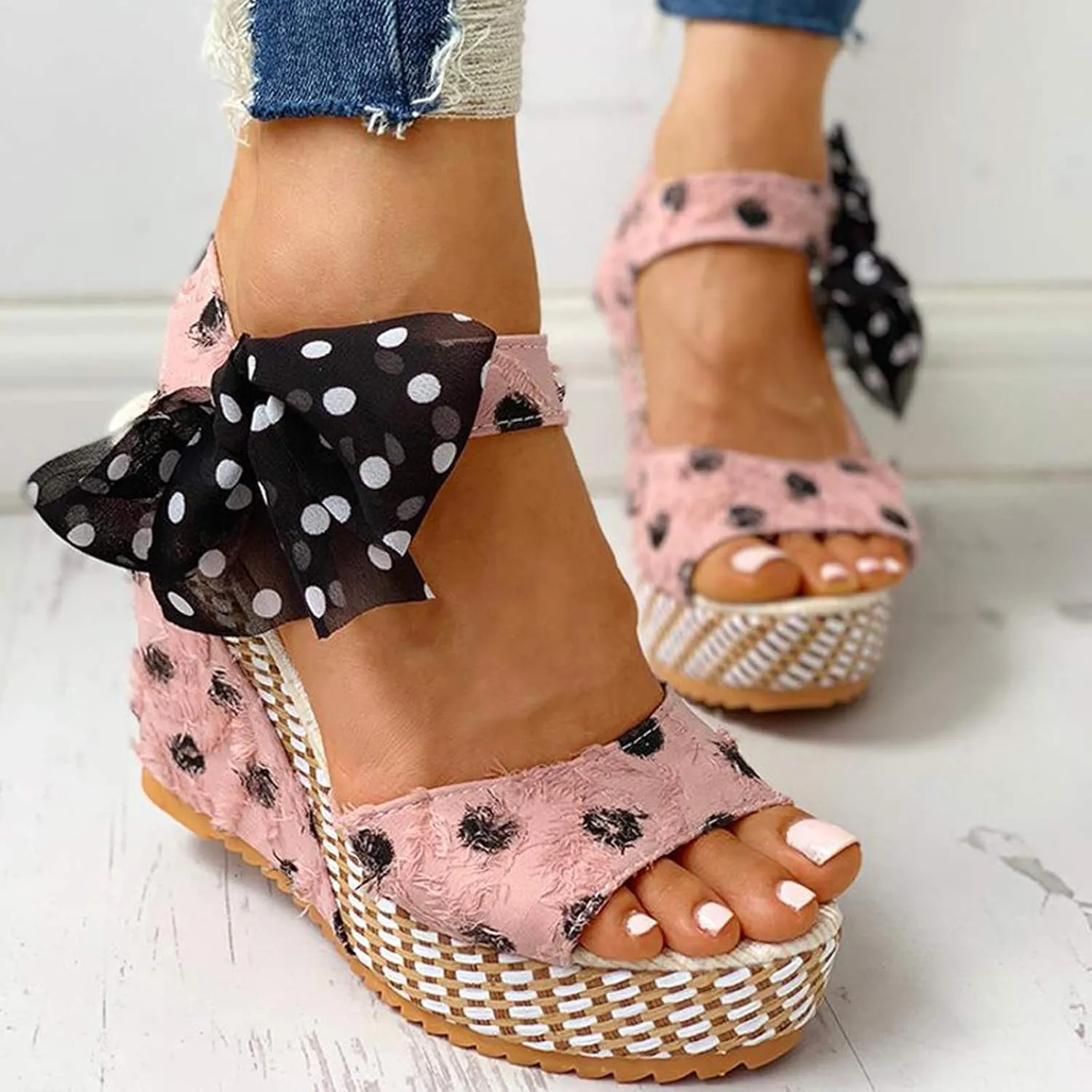 Womens Sandals Dressy Cute Bow Lace-Up Espadrille Sandals For Women Retro Platform Wedges Heels For Women Beach