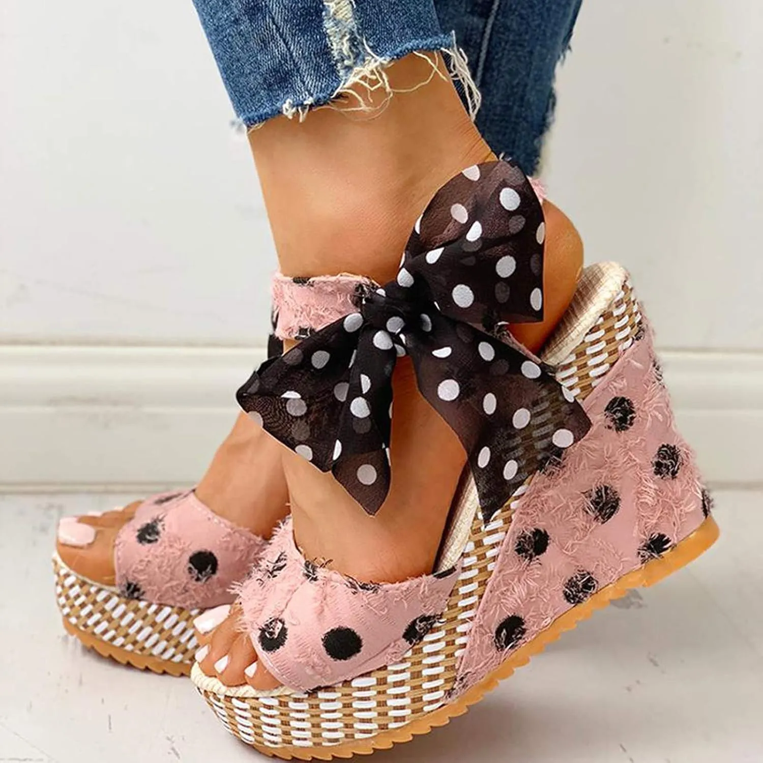 Womens Sandals Dressy Cute Bow Lace-Up Espadrille Sandals For Women Retro Platform Wedges Heels For Women Beach