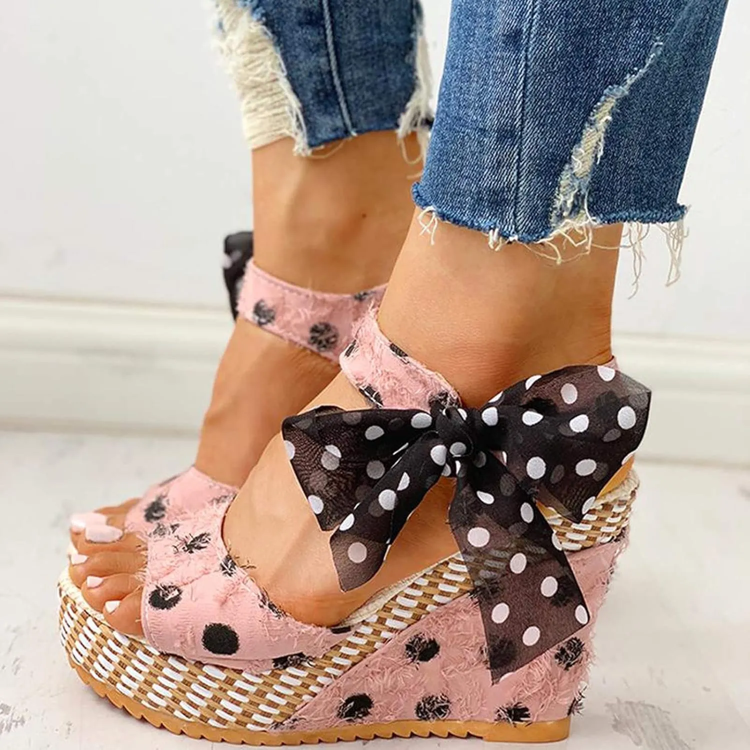 Womens Sandals Dressy Cute Bow Lace-Up Espadrille Sandals For Women Retro Platform Wedges Heels For Women Beach