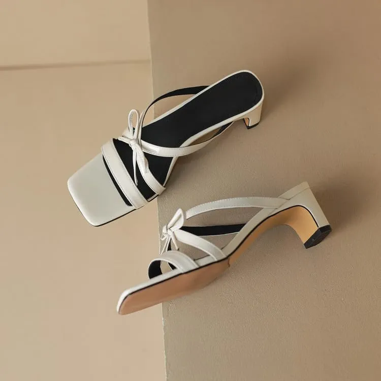 Women's Strappy Square Open Toe Bow Low Kitten Heels Mules Slides Knotted Slip On Sandals Dress Casual Comfy Vacation Party Wedding Soft Leather