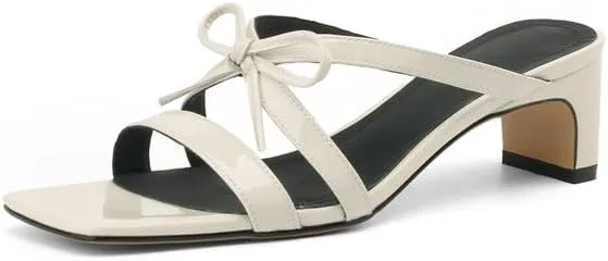 Women's Strappy Square Open Toe Bow Low Kitten Heels Mules Slides Knotted Slip On Sandals Dress Casual Comfy Vacation Party Wedding Soft Leather