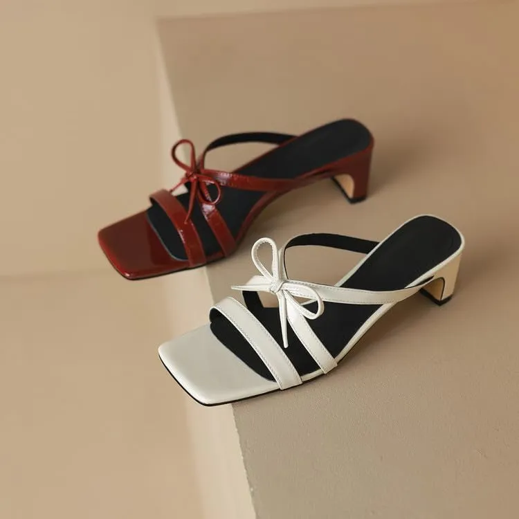Women's Strappy Square Open Toe Bow Low Kitten Heels Mules Slides Knotted Slip On Sandals Dress Casual Comfy Vacation Party Wedding Soft Leather