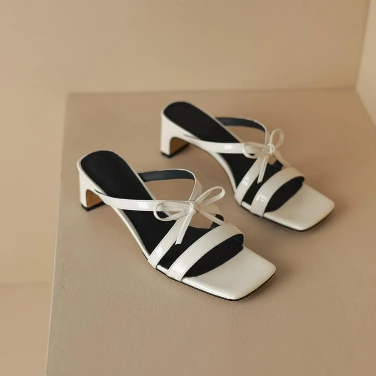 Women's Strappy Square Open Toe Bow Low Kitten Heels Mules Slides Knotted Slip On Sandals Dress Casual Comfy Vacation Party Wedding Soft Leather