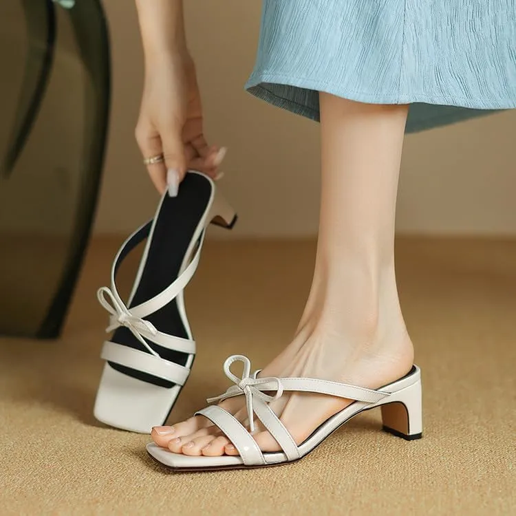 Women's Strappy Square Open Toe Bow Low Kitten Heels Mules Slides Knotted Slip On Sandals Dress Casual Comfy Vacation Party Wedding Soft Leather