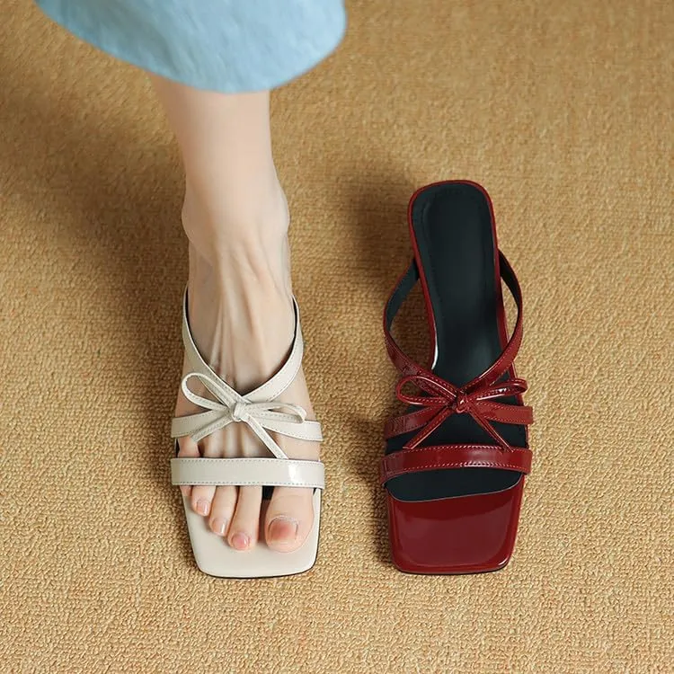 Women's Strappy Square Open Toe Bow Low Kitten Heels Mules Slides Knotted Slip On Sandals Dress Casual Comfy Vacation Party Wedding Soft Leather