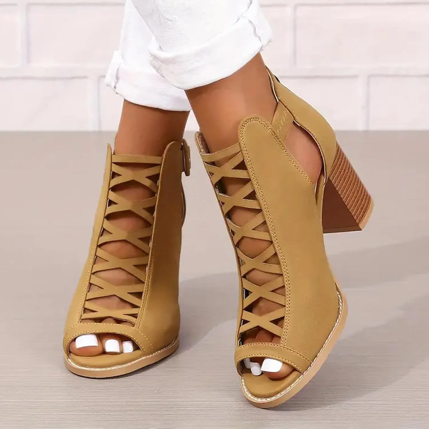 Women's Stylish Fish Mouth Sandal Cross Hollow Out Wedge Shoe Back Zipper Side Big Buckle Sandals Trendy High Heel