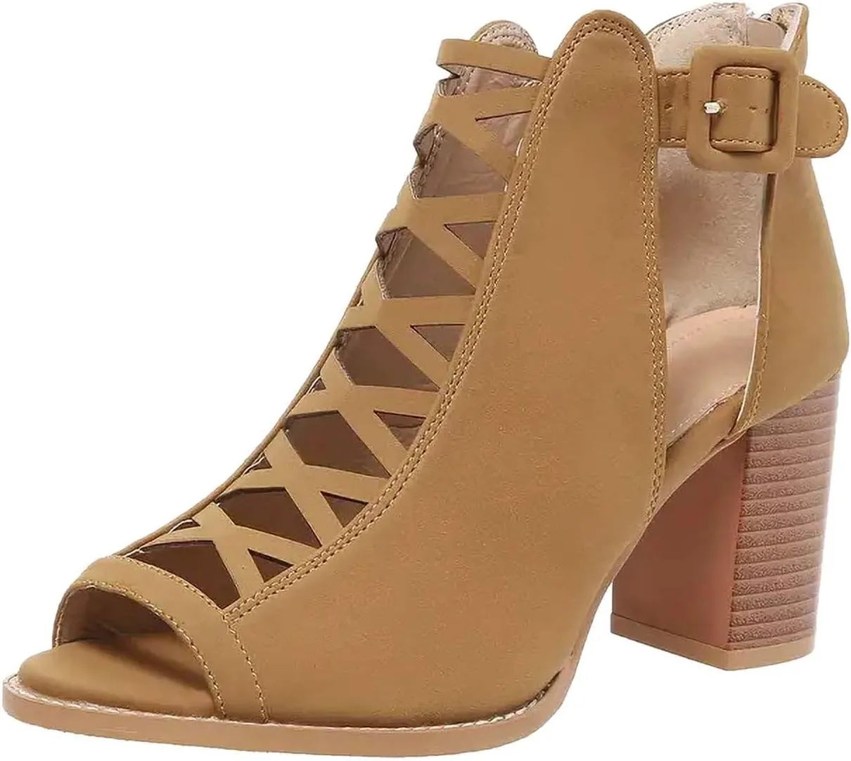 Women's Stylish Fish Mouth Sandal Cross Hollow Out Wedge Shoe Back Zipper Side Big Buckle Sandals Trendy High Heel