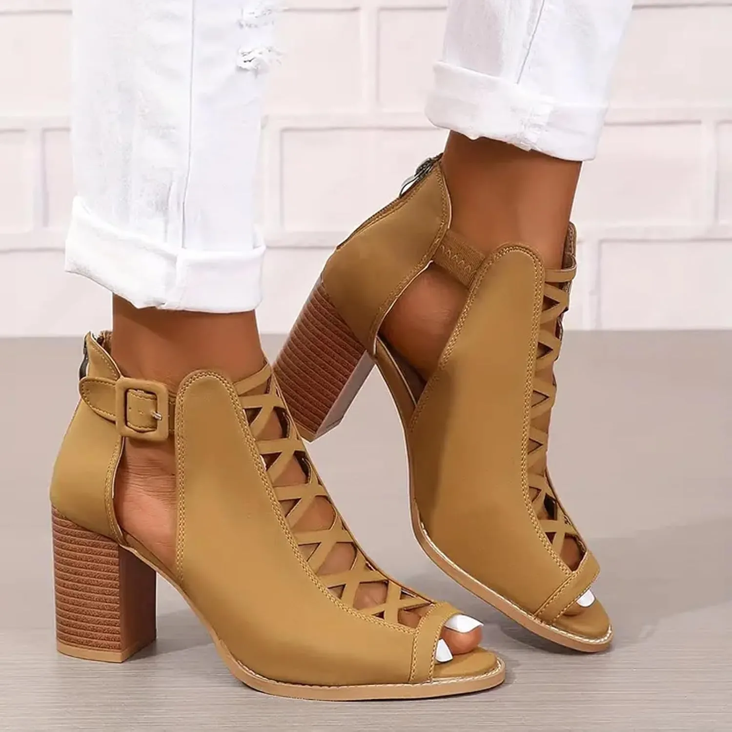 Women's Stylish Fish Mouth Sandal Cross Hollow Out Wedge Shoe Back Zipper Side Big Buckle Sandals Trendy High Heel
