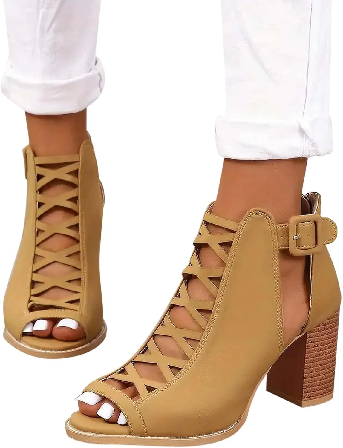 Women's Stylish Fish Mouth Sandal Cross Hollow Out Wedge Shoe Back Zipper Side Big Buckle Sandals Trendy High Heel