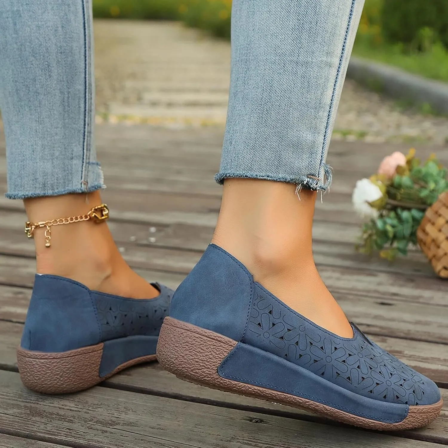Women's Summer Sandals Large Size Hollow Out Flowers Single Shoes Comfortable One Foot Stirrups Soft Flat Shoes