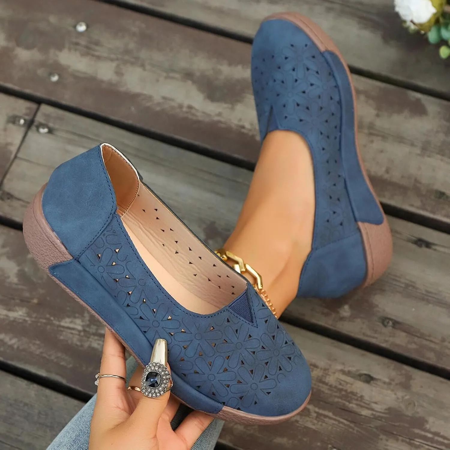 Women's Summer Sandals Large Size Hollow Out Flowers Single Shoes Comfortable One Foot Stirrups Soft Flat Shoes