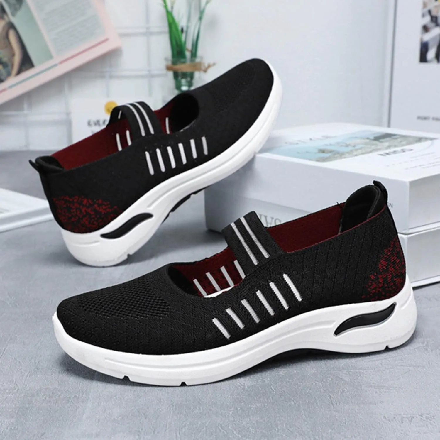 Women's Woven Orthopedic Breathable Soft Shoes Trendy Free Hand Flat Slip for Walking Soft Sole Sneakers with Arch Support
