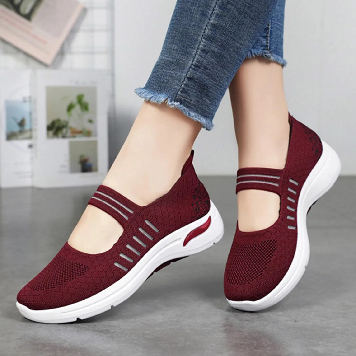 Women's Woven Orthopedic Breathable Soft Shoes Trendy Free Hand Flat Slip for Walking Soft Sole Sneakers with Arch Support