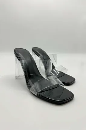 Yara Perspex Band Block Heel Mules in Black