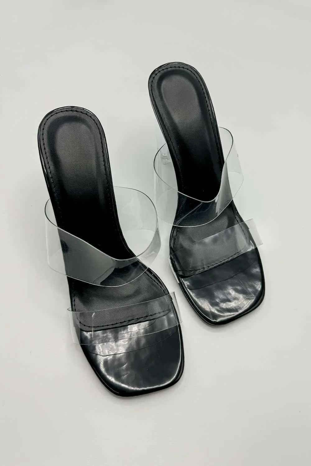Yara Perspex Band Block Heel Mules in Black