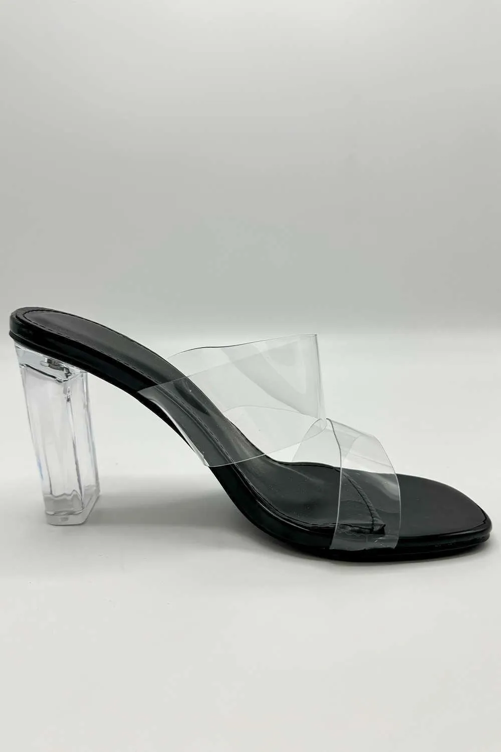 Yara Perspex Band Block Heel Mules in Black